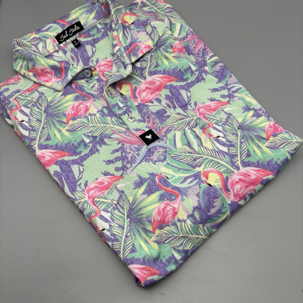 Bad Birdie Performance Polo Shirt Men's XL Flamingo All Over Print Floral Golf - Picture 11 of 11